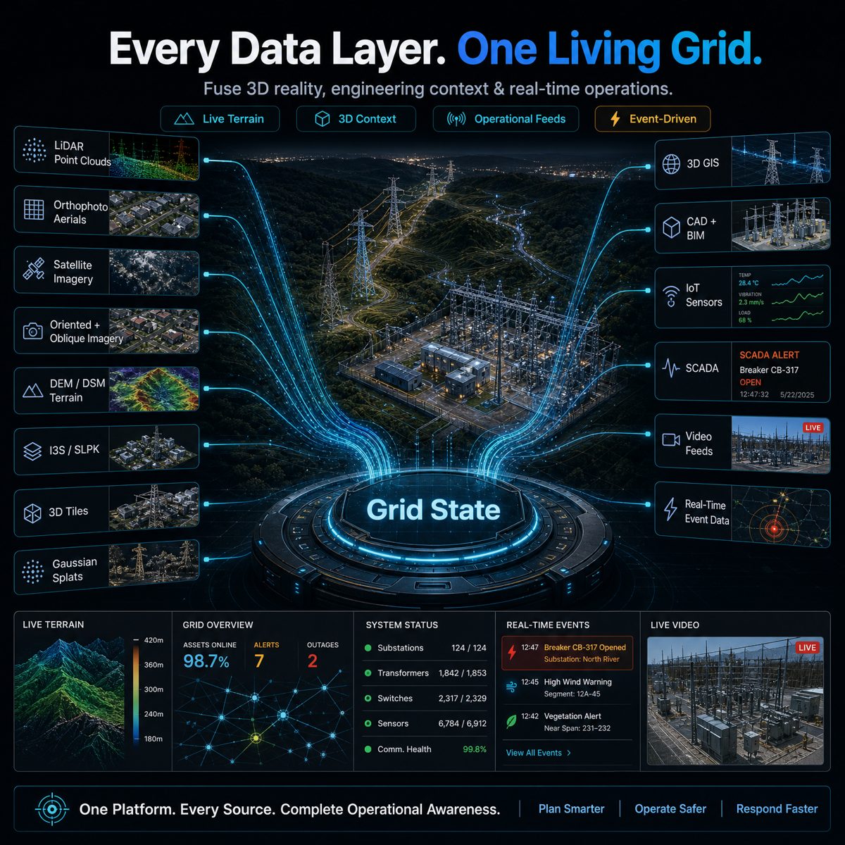 GridState digital twin architecture — layered data inputs (asset registers, network models, SCADA, historical, environmental) feeding the 3D twin