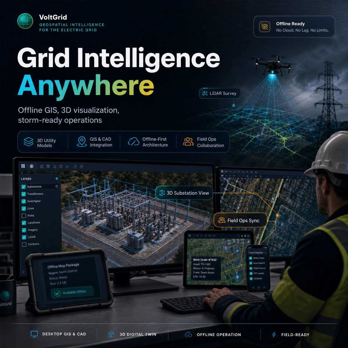 GridState geospatial intelligence platform — workspace view with GIS and analytics dashboards for electric utilities
